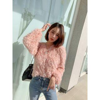 V-neck Faux-gem Button Furry Cardigan
