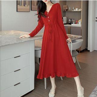 Long-sleeve Drawstring-waist Ruffled Dress