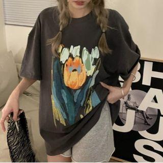 Elbow-sleeve Graphic Print T-shirt Dark Gray - One Size