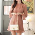 Pintuck Bell-cuff Patterned Chiffon Dress