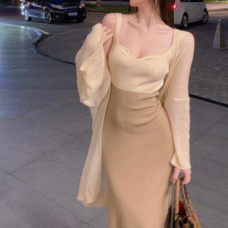 Sleeveless Two-tone Midi Mermaid Dress / Cardigan