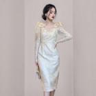 Long-sleeve Bow Lace Midi Sheath Dress