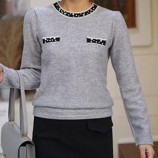 Beaded Contrast-trim Knit Top