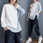 Striped Panel Pullover White & Light Blue - One Size