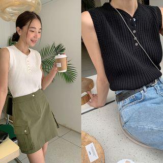 Sleeveless Rib-knit Henley