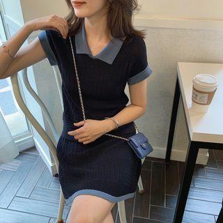 Set: Short-sleeve Contrast Trim Knit Top + Wide-leg Shorts