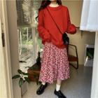 Plain Sweater / Floral Strappy Midi A-line Dress