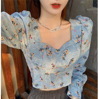 Long-sleeve Floral Print Denim Top