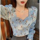 Long-sleeve Floral Print Denim Top
