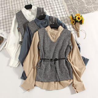 Set: Plain Blouse + V-neck Vest