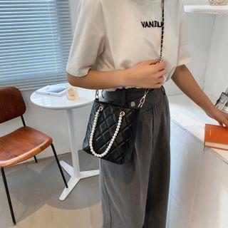 Quilted Faux Pearl Drawstring Bucket Bag