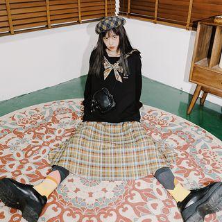 Shawl-collar Cartoon Embroidered Plaid Midi Pullover Dress