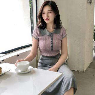 Set: Color Block Short-sleeve Polo Shirt + Midi Skirt