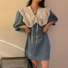 Puff-sleeve Lace Collar Collared A-line Dress Light Blue - One Size