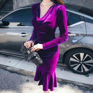 Long-sleeve Draped Velvet Mermaid Dress