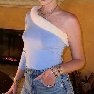 Long-sleeve Fluffy Trim One-shoulder Top