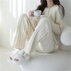 Ribbed-knit Wide-leg Pants Ivory - One Size