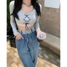 Long-sleeve Lace-up Crop Top / Panel Wide Leg Jeans
