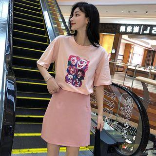 Set: Short-sleeve Clown Print T-shirt + A-line Skirt