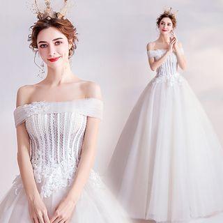 Off-shoulder Lace Panel A-line Wedding Gown