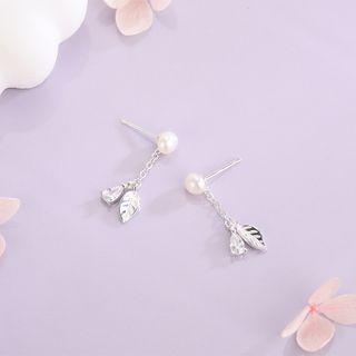 Faux Pearl Leaf Drop Earring Es1350 - Silver - One Size