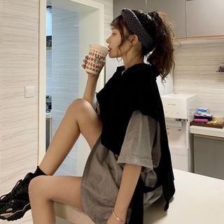 Mock Two-piece Color-block Elbow-sleeve T-shirt