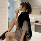 Mock Two-piece Color-block Elbow-sleeve T-shirt
