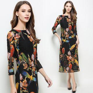 Printed 3/4 Sleeve Midi Lace Dress