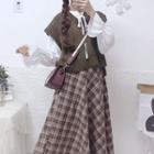 Bell-sleeve Blouse / Knit Vest / Plaid Midi A-line Skirt