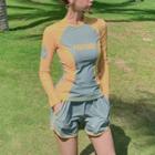 Set: Long-sleeve Lettering Rashguard + Swim Shorts + Bikini Bottom