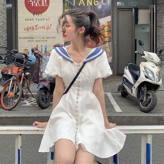 Short-sleeve Sailor Collar Dress White - One Size
