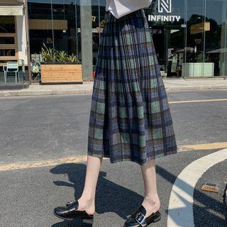 Woolen Plaid Pleated Midi Skirt