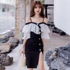 Off-shoulder Two-tone Slit Sheath Dress