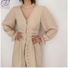 V-neck Ruched-waist Robe Dress Beige - One Size