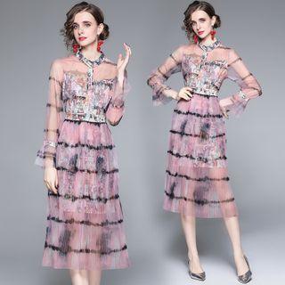 Long-sleeve Cartoon Print Panel Mesh Overlay Midi A-line Dress