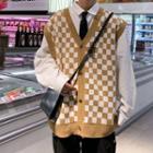 V-neck Plaid Two Tone Button-up Oversize Vest