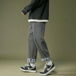 Plaid Trim Cropped Baggy Jeans