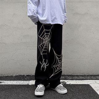 Spider Web Embroidered Wide Leg Jeans