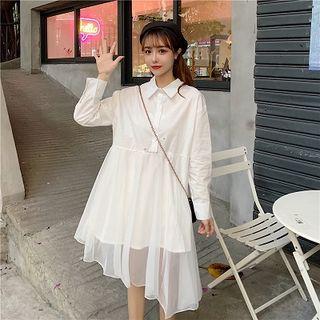Asymmetric Mesh Overlay A-line Mini Shirtdress