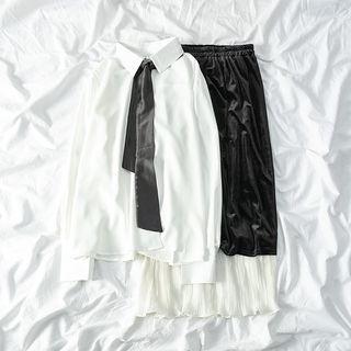 Long Sleeve Plain Shirt + Pleated Panel Velvet Skirt