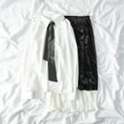 Long Sleeve Plain Shirt + Pleated Panel Velvet Skirt
