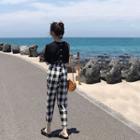 Set: Short-sleeve Knit Top + Plaid Cropped Pants