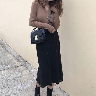 Plain V-neck Cardigan / Button-detail Midi A-line Knit Skirt / Set