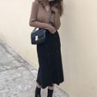 Plain V-neck Cardigan / Button-detail Midi A-line Knit Skirt / Set