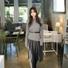 Set: Asymmetric-hem Knit Top With Belt + Velvet Maxi Skirt