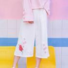 Cropped Flower Embroidered Wide Leg Pants