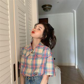 Plaid Elbow-sleeve Shirt Plaid - Multicolor - One Size