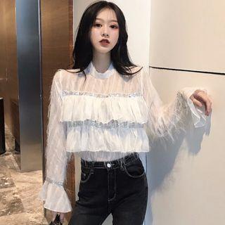 Ruffle Trim Sequined Long-sleeve Top