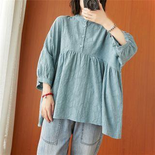 3/4-sleeve Henley Blouse Blue - One Size
