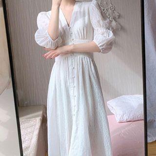 Elbow-sleeve Buttoned Floral A-line Midi Dress
